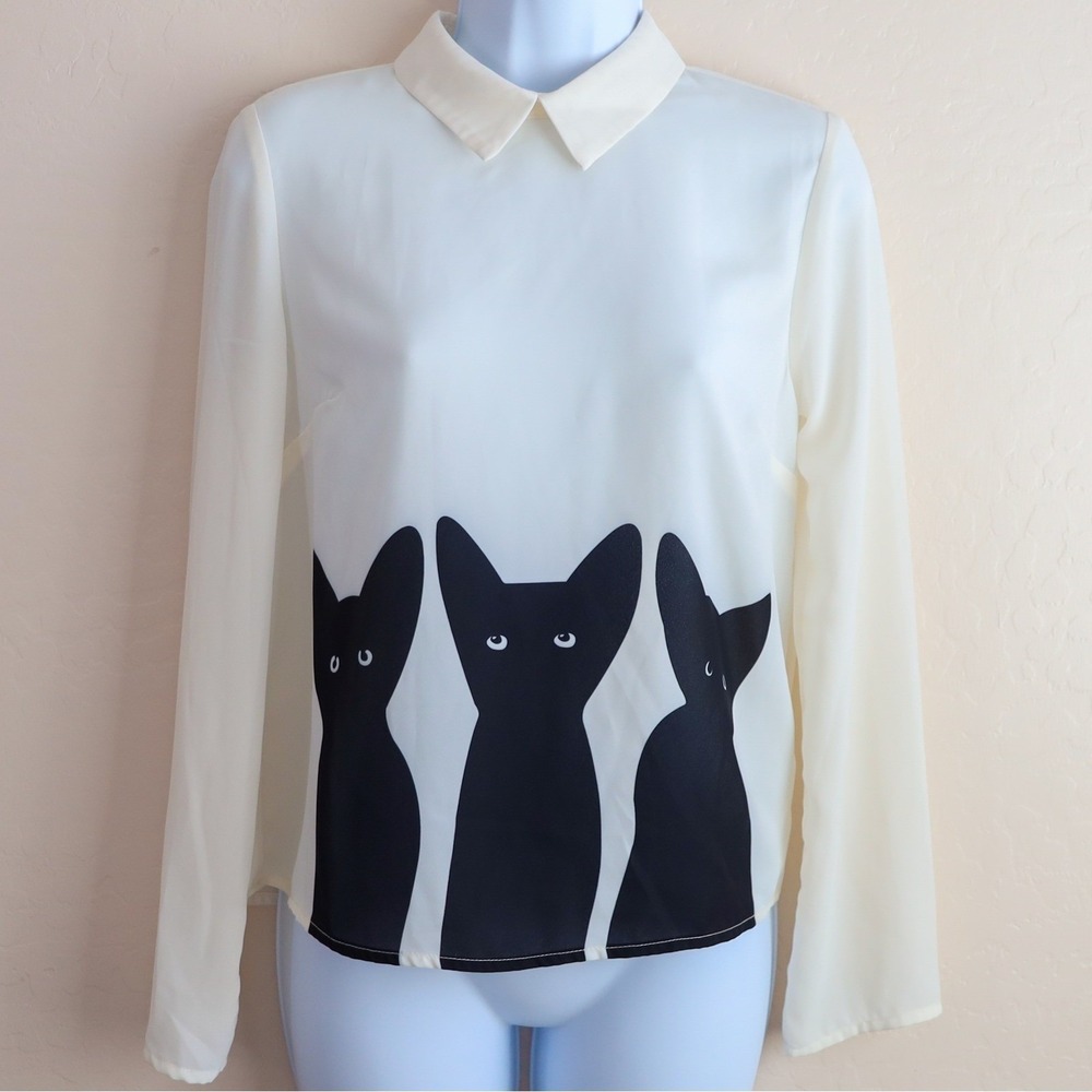 The Moon Cream Long Sleeve Chiffon‎ Blouse Black Cat Print Collar Top Women's S
